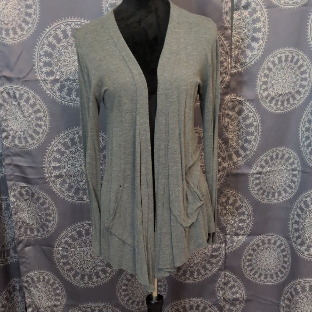 Women’s Light Gray Open Front Draped Cardigan with Pockets